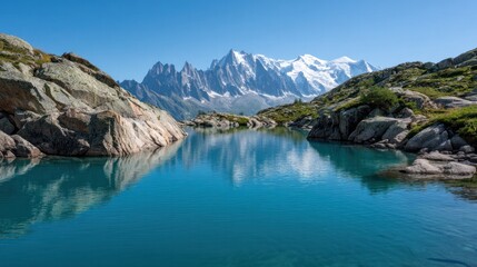Fototapeta premium Azure Majesty: A breathtaking alpine lake mirrors towering, snow-capped mountains under a cloudless azure sky.
