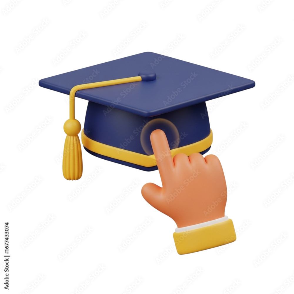 Poster 3d icon of graduation cap with hand touching the screen isolated on transparent background