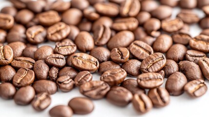 Roasted Coffee Beans: A close-up, macro shot showcases the rich texture and aroma of roasted coffee beans, capturing the essence of a morning ritual.