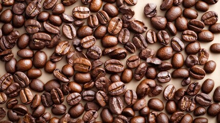 Fototapeta premium Roasted Coffee Beans: An inviting overhead view of freshly roasted coffee beans, showcasing their rich, natural colors and textures, ready to awaken the senses.