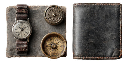Vintage Watch and Compass on Textured Leather Background