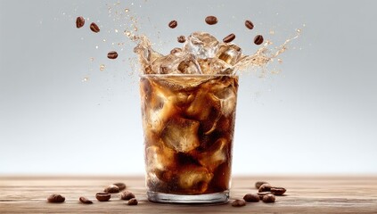 Iced coffee splash in a glass, ice cubes, coffee beans scattered around, on a wooden surface
