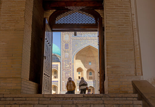 the view from the gate to the old Bukhara building and bazaar in Uzbekistan