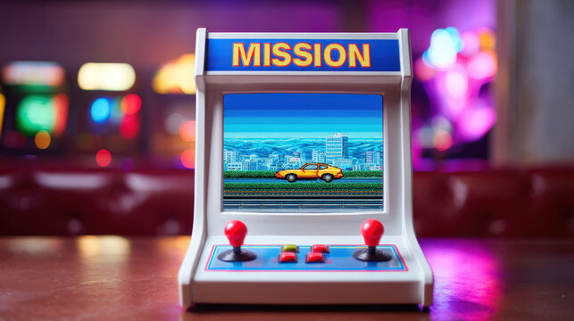 Close up of retro arcade game machine featuring vibrant screen displaying car racing scene. neon lit environment enhances nostalgic atmosphere, inviting players to relive classic gaming moments