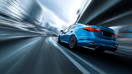 Obraz premium rear view of blue business car speeding along highway high-speed turn dynamic motion blur automotive vehicle performance fast driving and modern transport
