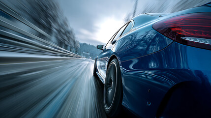Obraz premium rear view of blue business car speeding along highway high-speed turn dynamic motion blur automotive vehicle performance fast driving and modern transport