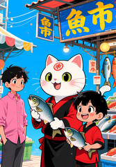 Cat Fishmonger and Customers at a Japanese Fish Market