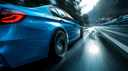 Obraz premium rear view of blue business car speeding along highway high-speed turn dynamic motion blur automotive vehicle performance fast driving and modern transport