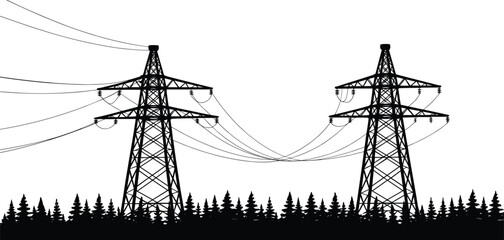 High voltage transmission towers, power lines over forest, electricity infrastructure, black and white vector, energy grid, utility landscape, electric pylons