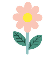 Flat pink flower illustration with green leaves, simple floral vector icon for spring and nature design