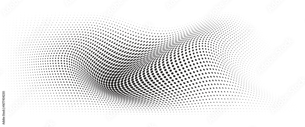 Poster flowing wave dot halftone pattern: curve gradient shape on transparent background. suitable for ai, 