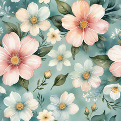Obraz premium Soft seamless floral pattern with pastel flowers on a soothing blue background for fabric and decor