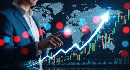 Global financial growth businessman analyzing upward stock market trend with world map overlay