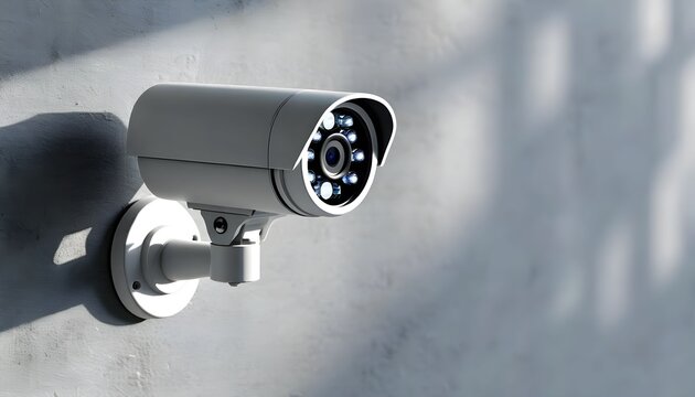 Close-up of a security camera mounted on a textured, light-colored wall, capturing surveillance.