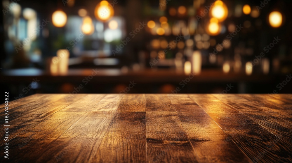 Poster a close-up view of a wooden table illuminated by soft lighting, creating a warm and inviting atmosph