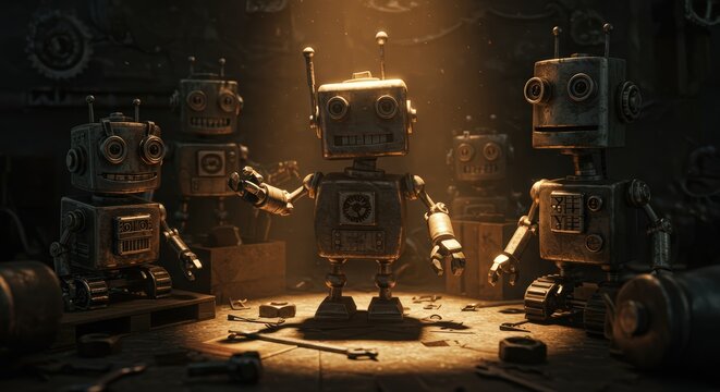 Vintage robots in workshop