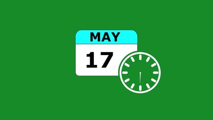 17 MAY month calendar icon with symbol. Simple calendar icon animation and date change of time month. Calendar icon Sign on GREEN background. Calendar Pendulum Animation