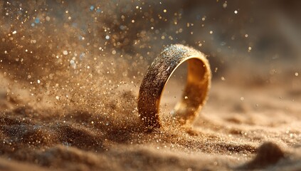 A gold band ring partially submerged in glittering, golden sand, with a spray of golden dust exploding around it