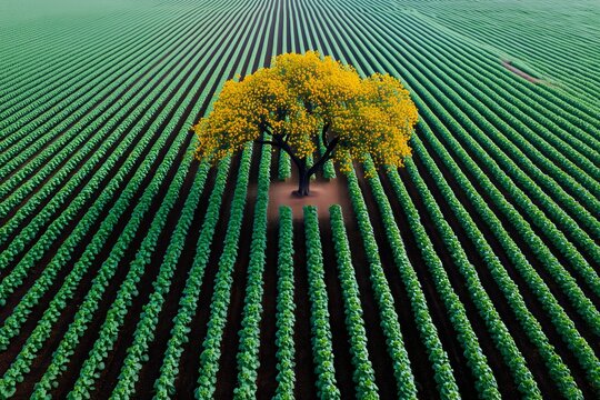 Large yellow blossom tree standing alone in vast green field with rows of young plants. Nature, agriculture, and growth concept.