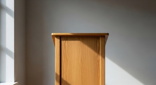 Elegant Wooden Lectern Bathed in Bright Sunlight, Casting Sharp Geometric Shadows on a Minimalist Grey Wall - Powered by Adobe