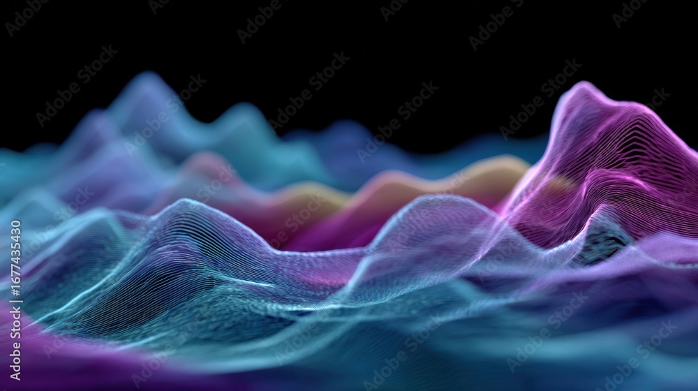 Poster vibrant sound waves: this image features a captivating close-up view of digitally rendered sound wav