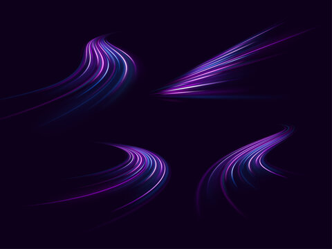 Light waves sweep across a fast expressway at night with futuristic motion and neon effects. Bright, wavy lines and glowing streaks create an abstract, dynamic visual design.