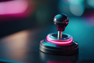 Close up view of joystick handle featuring soft neon rim, creating vibrant and engaging atmosphere. sleek design and colorful lighting enhance gaming experience