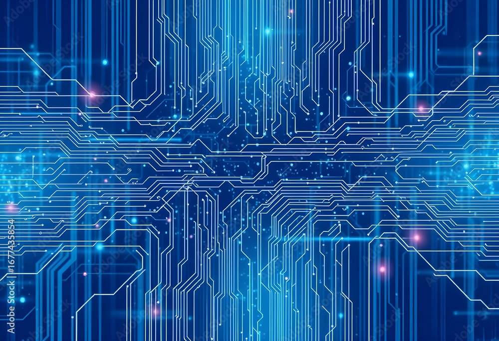 Fototapete abstract blue circuit board pattern with glowing lines and digital connections, representing technol
