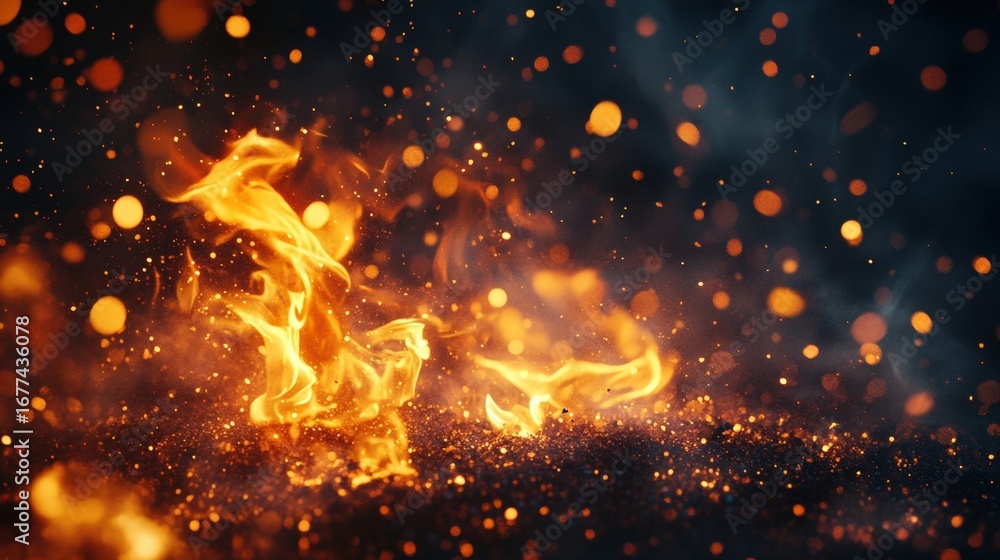Poster a vibrant display of flames and sparks, creating a mesmerizing effect with glowing embers against a 