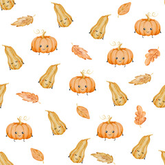 Fototapeta premium Seamless halloween pattern with cute watercolor pumpkins and leaves on transparent. Autumn harvest design perfect for fabric, textile, wrapping paper, wallpaper, stationery, scrapbooking, decoration