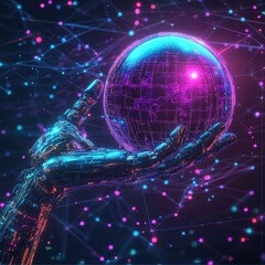 Obraz premium Robotic hand grips glowing AI sphere