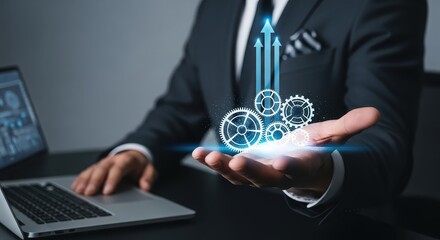 Business professional showcasing futuristic digital interface with gears and data streams on palm