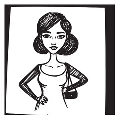 Beautiful Woman Doodle Black and White Illustration Fashion Girl Portrait Line Art Sketch Vector