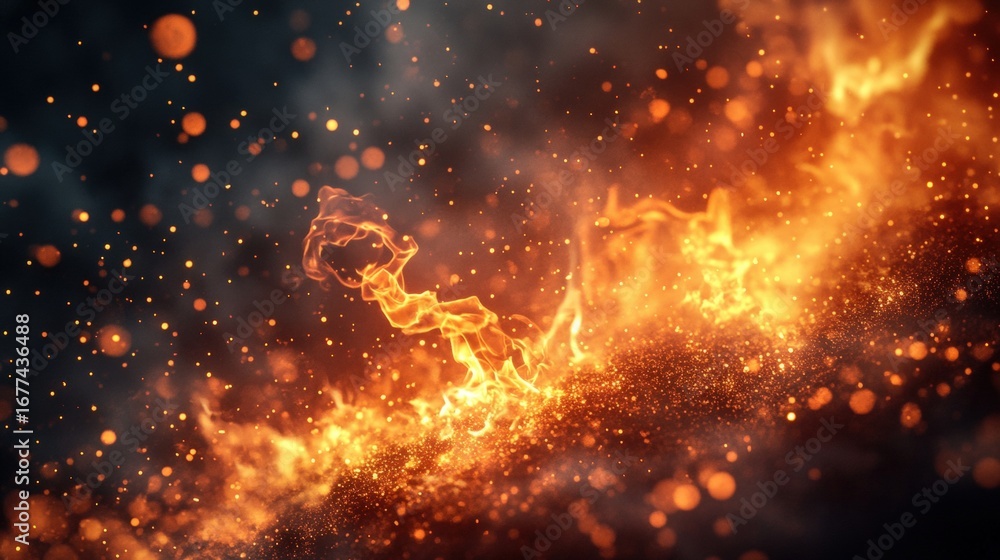 Poster a dynamic display of fiery flames and glowing embers, creating an intense and captivating visual rep