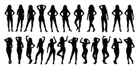 Stylish Women Silhouette Collection – Diverse Fashion Poses on White Background – Elegant Female Figures Perfect for Design, Art, Branding, and Fashion-Related Creative Projects and Visuals