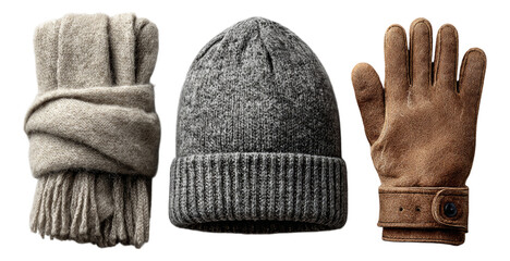 Warm Winter Accessories: Scarf, Beanie, and Gloves on Transparent Background