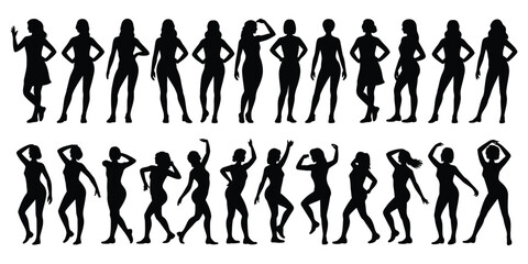 Stylish Women Silhouette Collection – Diverse Fashion Poses on White Background – Elegant Female Figures Perfect for Design, Art, Branding, and Fashion-Related Creative Projects and Visuals