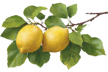 Two Ripe Yellow Lemons on a Branch with Green Leaves