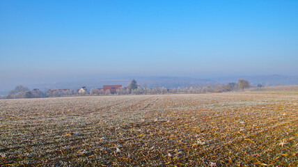 Rural landscape with frost-covered ground and bare trees under a clear blue sky on a cold winter afternoon.