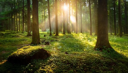 Fototapeta premium diverse species find protection and shelter in a forest habitat where sunlight warms the earth amidst nature habitat trees