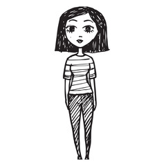 Beautiful Woman Doodle Black and White Illustration Fashion Girl Portrait Line Art Sketch Vector