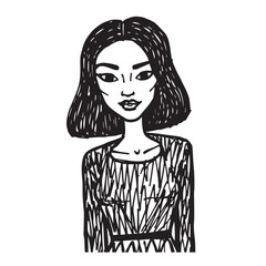 Beautiful Woman Doodle Black and White Illustration Fashion Girl Portrait Line Art Sketch Vector