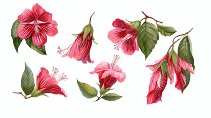 A collection of beautifully illustrated hibiscus flowers in various stages of bloom, showcasing vibrant red petals and lush green leaves, ideal for botanical art or floral design