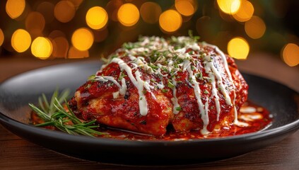 Grilled chicken breast, glazed in a red sauce, topped with a creamy sauce and herbs, served on a dark plate against a bokeh background