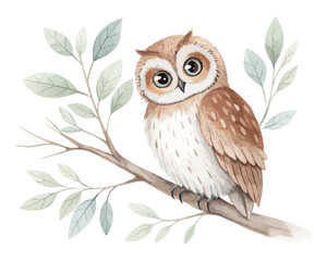 Watercolor Owl Sitting on a Branch with Leaves