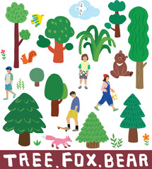 나무와 숲, 동물, 사람을 직접 그린 일러스트