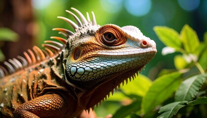 Fototapeta premium Close-up of a vibrant iguana, showcasing its intricate patterns and textures against a blurred background of lush greenery.