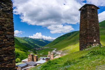 Chazhashi, a village in Svaneti, Georgia. Chazhashi is the uppermost village in the valley, with the highest concentration of defensive tower houses. A world heritage site.