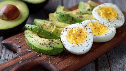 Sliced avocado and hard-boiled eggs seasoned with peppercorns and herbs rest on a rustic wooden cutting board