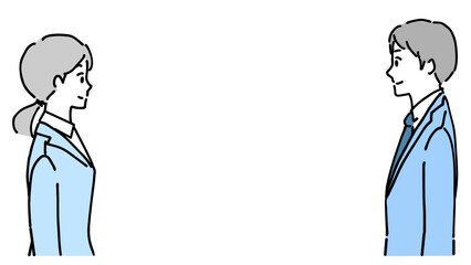 笑顔で向かい合うスーツ姿の若い男女